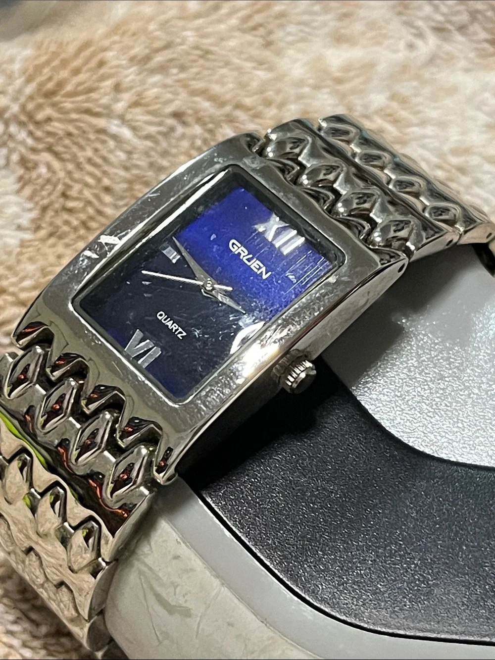Men's Silver-Tone Bracelet Watch with Blue Dial
